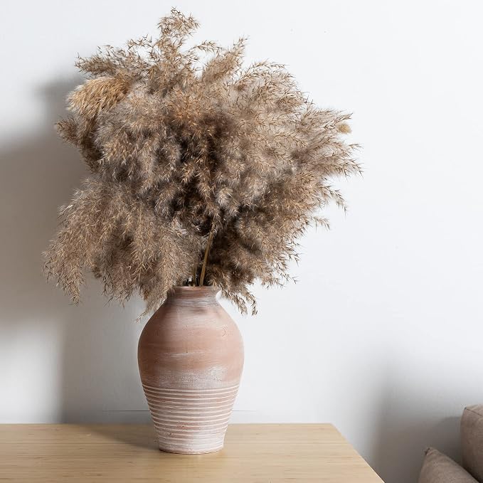 Ceramic Rustic Farmhouse Vase, 9.2 inch Whitewashed Terracotta Vase | Pottery Decorative Vases,Clay Decorative Vases for Home Decor, Table, Living Room, Shelf, Mantel Decoration(Terracotta)