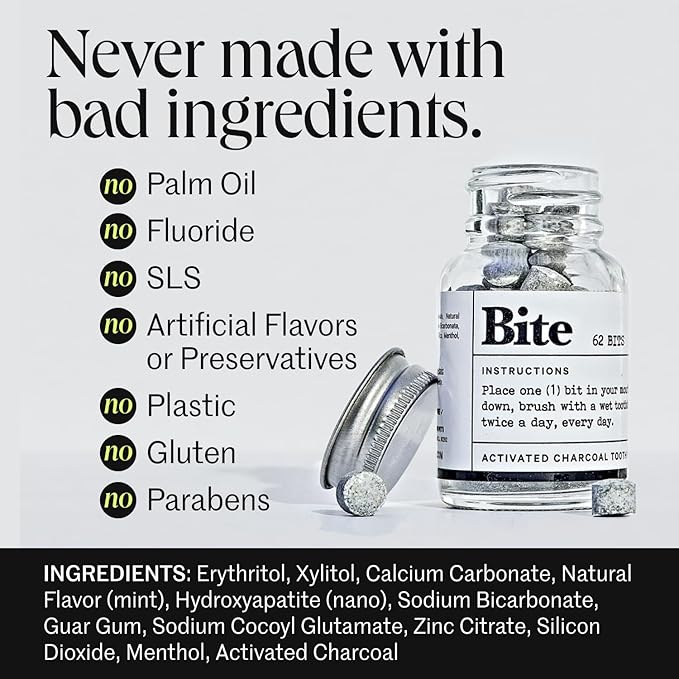 Bite Whitening Toothpaste Tablets – 2 Months – Fluoride Free, Nano Hydroxyapatite + Xylitol, Mint Charcoal– Vegan, Cruelty-Free, Made in USA, Sensitive Teeth, Travel Size, (2 Bottles, 124 Tabs)