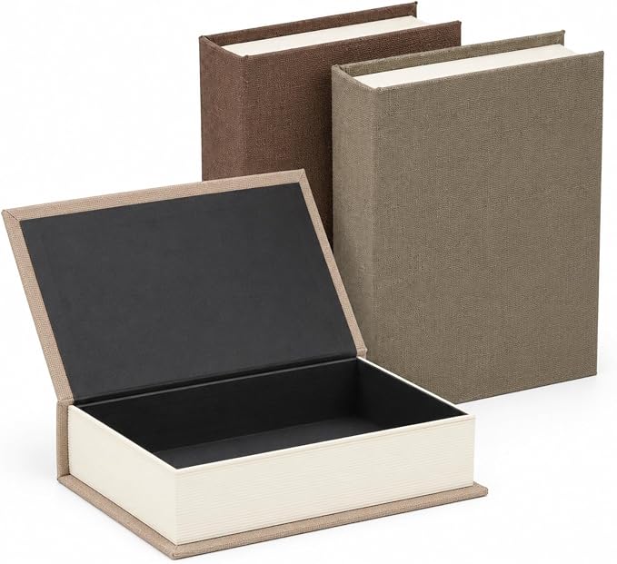 DECOR4SEASON Modern Linen and Wood Decorative Faux Book Boxes Set of 3, 10" | Stackable Storage Boxes for Shelves, Coffee Table, and Office Organization (Earth Tones)