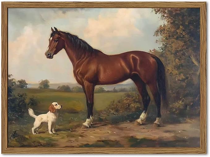 Framed Vintage Wall Art, Rustic Horse and Dog Pictures Wall Decor, Farmhouse Animal landscape Paintings Canvas Prints Neutral Aesthetic Home Decor for Living Room Bedroom Bathroom Office 16x24 inch