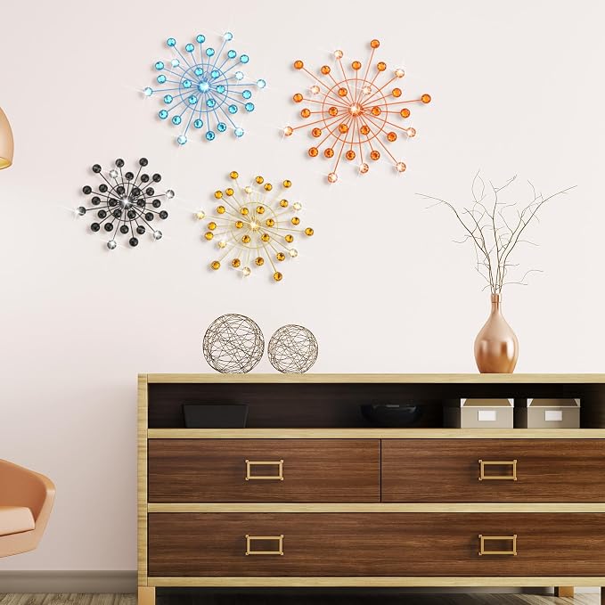 Blulu 4 Pcs Metal Wall Decor Bling Crystal Wall Art Cast Iron Rhinestones Sunburst Decor Starburst Art Hanging Diamond Accents Home Decorative for Living Room Bedroom Entryway (Mid Century)