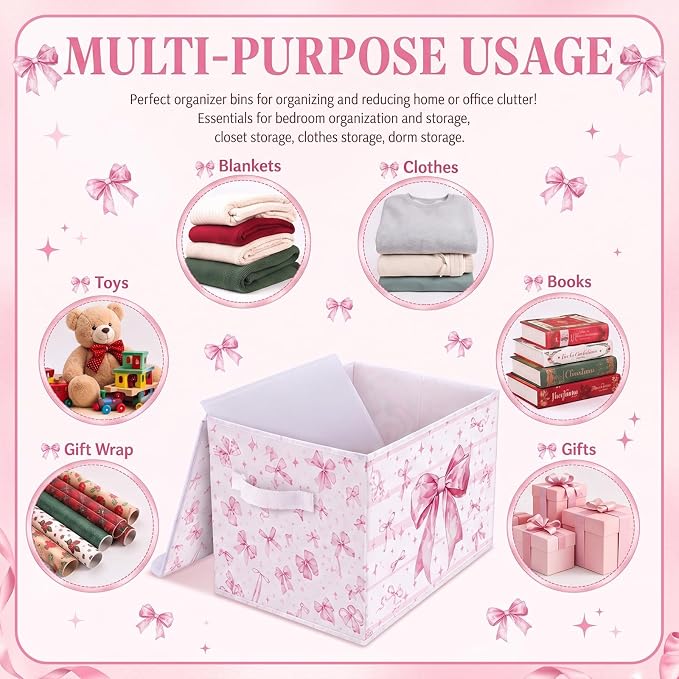 Briwooody Pink Bow Storage Bin with Lid and Carrying Handle Cute Coquette Foldable Storage Box Large Bow Knot Girly Decorative Collapsible Container Basket for Organizing Closet Home Bedroom Gift