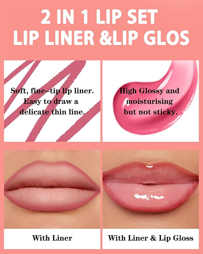 Matte Nude Lip Liner Lipstick&Pink Hydrating Glow Lip Oil Lip Combo Set,Moisturizing Plumping Lips Gloss&Smooth Lipliner Liquid Lipstick Long-Lasting,2 in 1 Women Tinted Liptint Stain Balm Makeup-09