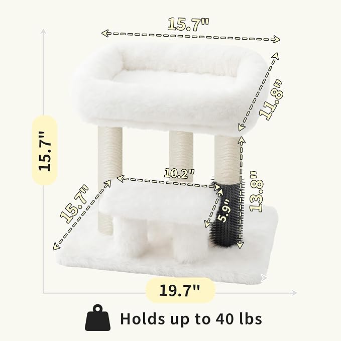 Heybly Cat Scratching Post with Grooming Brush & Gentle Step, HSP001SWH | Small Cat Tree with 5 Full Sisal Posts, Removable Plush Bed, Stable & Space-Saving Cat Furniture for Indoor Cats, White
