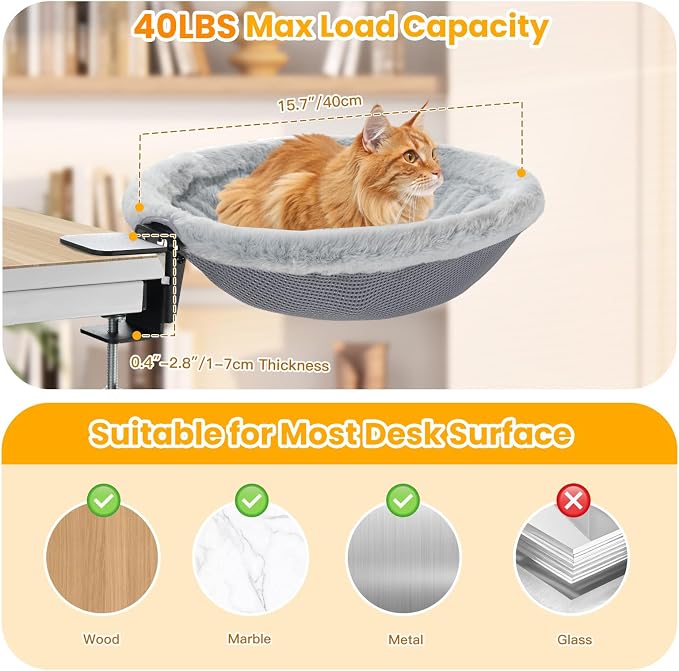Pawaboo Cat Desk Bed, One-Click Foldable Sunken Cats Hammock up to 40lbs | Cat Side Table Beds with Soft Plush, Reversible & Washable Hanging Cats Bed with Steel Clamp for Game Office Home Desktop