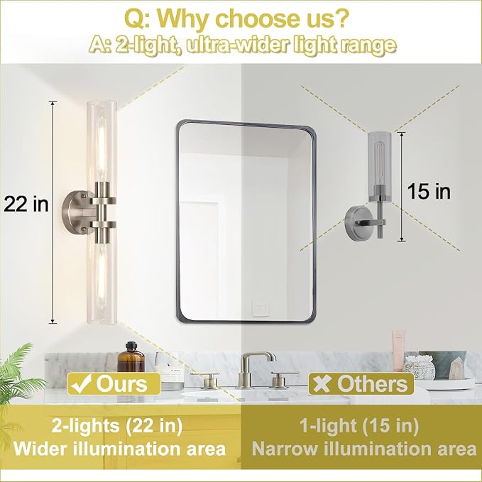Wall Sconces Set of Two, Hardwired Brushed Nickel Bathroom Sconces Wall Lighting with Clear Glass, Modern Sconces Wall Decor Set of 2 Bathroom Light Fixtures for Mirror Hallway (Bulbs Not Included)
