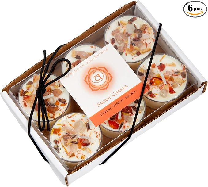 New Moon Beginnings Sacral Chakra Candle - Chakra Candles - Set of 6 Tealights - Orange, Cypress, Oakmoss Scent