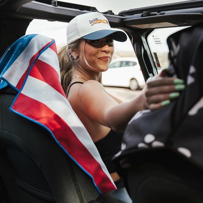Sprints Athletic Running Towel, Full-Sized, Car Seat Cover - Performance Microfiber (American Flag w/Snaps)