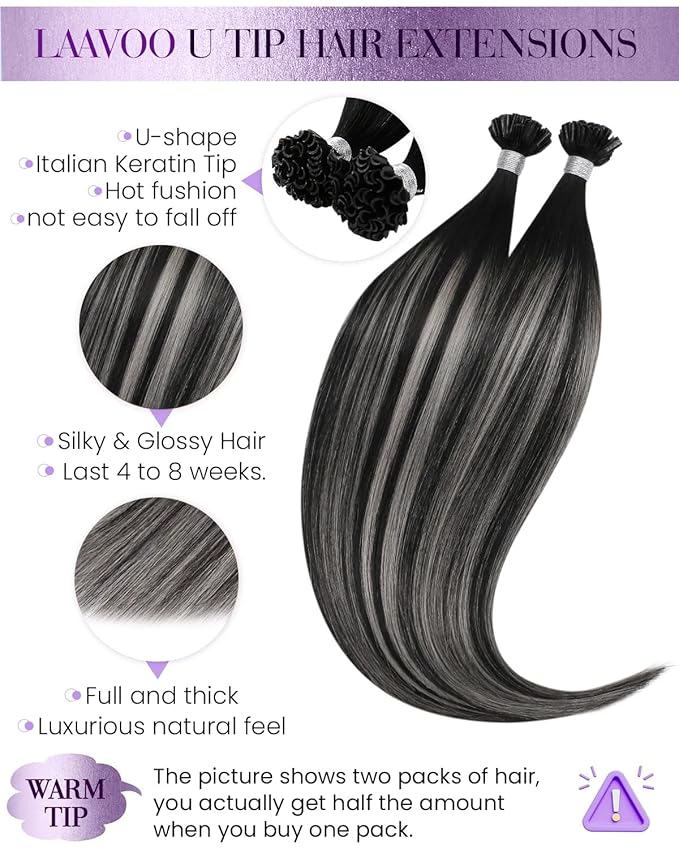 LaaVoo U Tip Hair Extensions Human Hair Ombre Black K tip Hair Extension Real Human Hair Natural Black to Silver KTip Human Hair Extensions Hot Fusion 20 inch 50g/50s