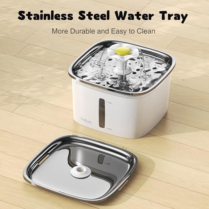 Veken Innovation Award Winner 95oz/2.8L Cat Water Fountain | Automatic Pet Fountain Dog Water Dispenser with Stainless Steel Lid, Replacement Filters & Silicone Mat Included (Silver)