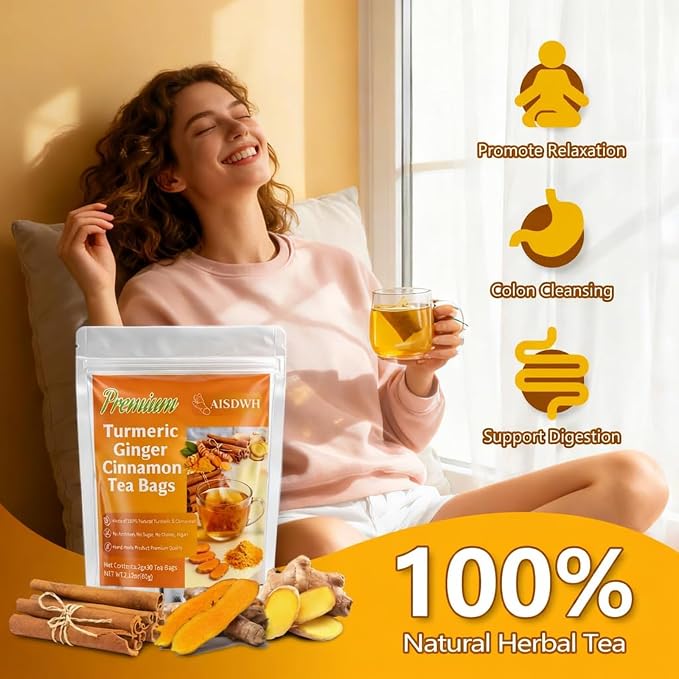 60 Premium Turmeric Ginger Cinnamon Tea, Natural Turmeric Ginger Herbal Tea, Digestive Support, Vegan, Sugar Free, Caffeine Free