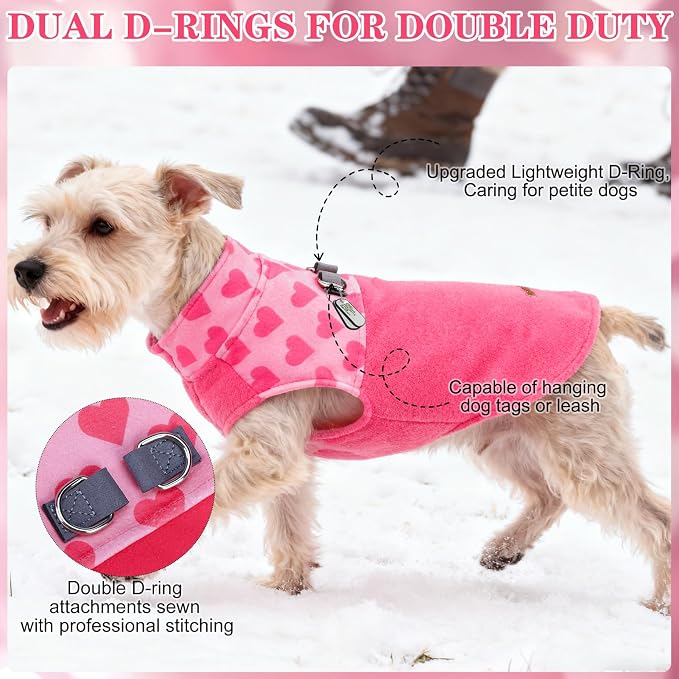 Fleece Dog Sweater - Valentine's Day Romantic Heart Dog Jacket, Winter Coat Vest with 2 D-Rings for Leash, Warm Pet Cold Weather Clothes Sweatshirt Outfits for Puppy Boys or Girls Pink L