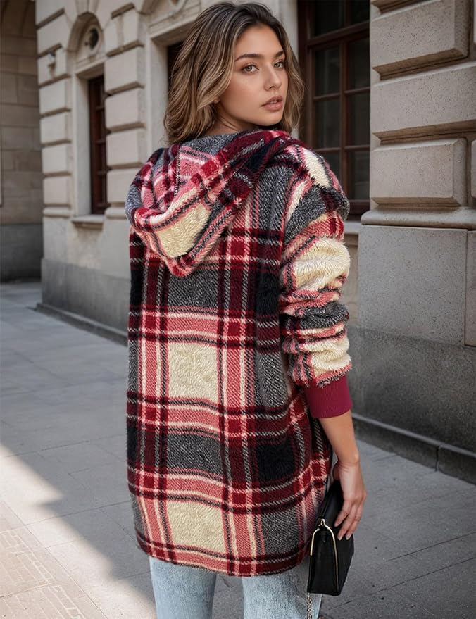 Zilcremo Women Hooded Cardigan Fuzzy Jacket Winter Open Front Fleece Coat Outwear with Pockets