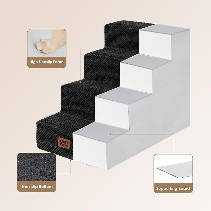 EHEYCIGA Dog Stairs for Bed 18" H, 4-Step Extra Wide Dog Steps for High Bed, Pet Steps for Small Dogs and Cats, Non-Slip Balanced Pet Ramp Indoor, Black