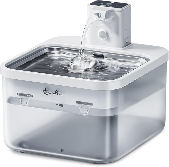 DownyPaws Cat Water Fountain Cordless, Pet Fountain, 84oz/2.5L, White Pro | Wireless Cat Drinking Water Fountains for Cats Indoor, Fursink , Battery Operated, Motion Sensor, Ultra Quiet Pump, BPA-Free