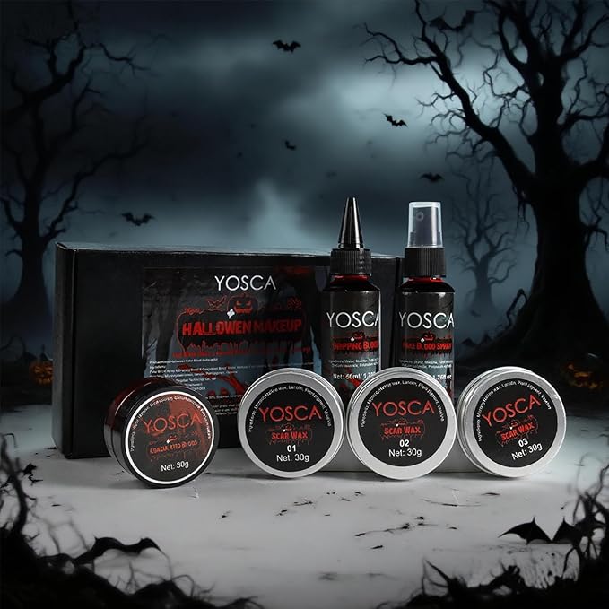 Yosca 6Pcs Halloween Fake Blood Makeup Kit, Realistic Washable Fake Blood Spray, Dripping, Coagulated, Scar Wax for Halloween Face Red Body Paint, Clown Vampire Monster Zombie Scar Makeup Kit