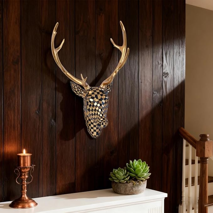 GIGICICI Mosaic Deer Head Wall Decor 15.7x8.7 Inch, Artistic Faux Resin Animal Head Wall Sculpture Hanging for Living Room Bedroom Kitchen Office, Black-Gold Gift