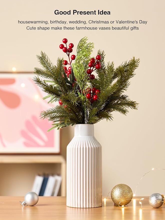 STHIE 8 Inches Ceramic Flower Vase, White Vases for Centerpieces | Flambé Reactive Glaze,Minimalist Modern Home Decor, Pampas Grass Vase for Table, Fireplace, Shelf, Mantel, Entryway