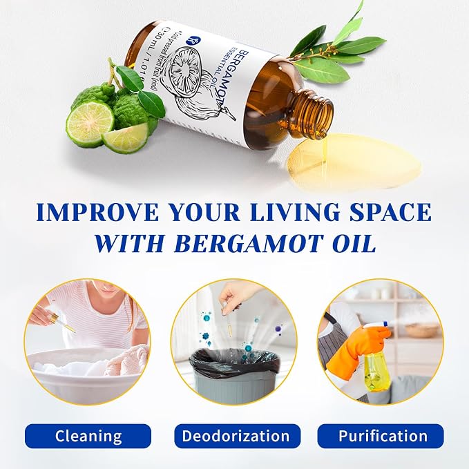 HIQILI Bergamot Essential Oil for Diffuser, Skin, Hair, DIY, 1.01 Fl Oz (30 mL) | Creates Soothing and Calming Atmosphere for Home and Office, Calms Your Mind, and Works for Skin, DIY -30mL / 1.01 fl oz