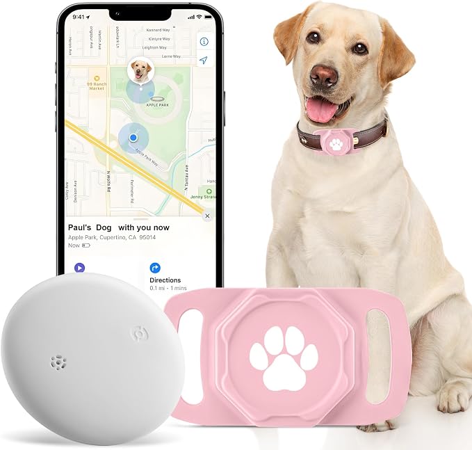 Smart Pet Tracker for Collar - Dog Tracker Pet Location Tracker with Holder | Real-Time Location, No Monthly Fee/ SIM Card, Work with Android Only (Not for IOS), Ultra-Slim, IP68 Waterproof Holder, Pink