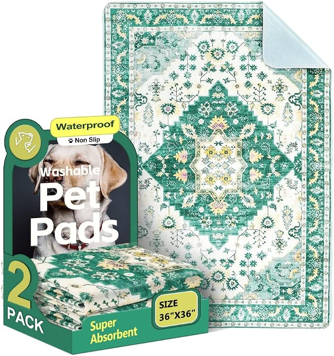 Washable Pee Pads for Dogs, 2 Pack Reusable Puppy Training Pads 36"x36" Super Absorbent Waterproof Dog Training Pads, Non-Slip Potty Pads, Whelping Pads Litter Mat Green Medallion