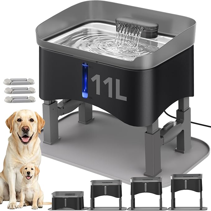 11L Elevated Dog Water Fountain No-Spill with 4 Heights Adjustable | Large Capacity, No-Splash, Anti-Slip Mat, 304 Stainless Steel Tray, 5-layer Filtration, for Senior/Large Dog & Multi-Pet Home