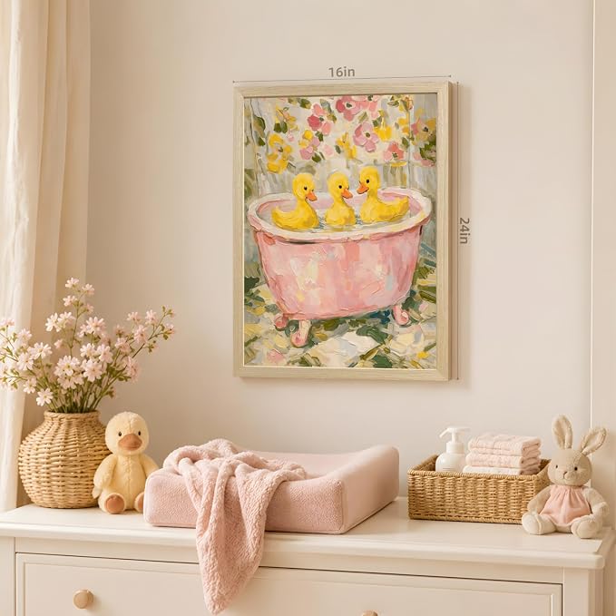 VziizV Cute Duck Bathroom Wall Art, Vintage Pink Bathtub Ducklings Decor, Cottagecore Farmhouse Floral Canvas Print, Whimsical Animal Bathroom Artwork for Nursery Kids Room Wood Framed 16x24 Inch
