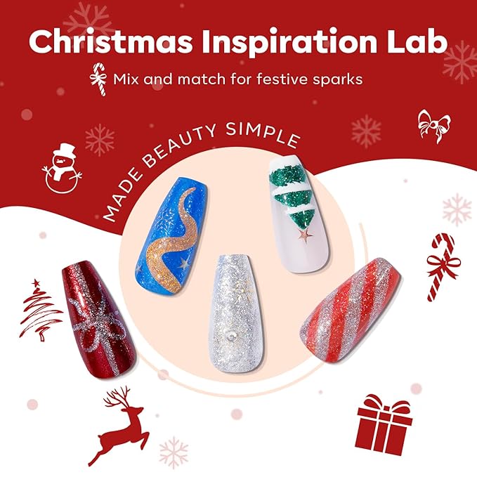modelones Christmas Nail Polish Set 6 Colors, Red Green Burgundy Gold Silver Blue Glitter Quick Dry Mini Nail Lacquer Kit with Stickers, Winter Nail Art Manicure New Year Gift for Girls Women