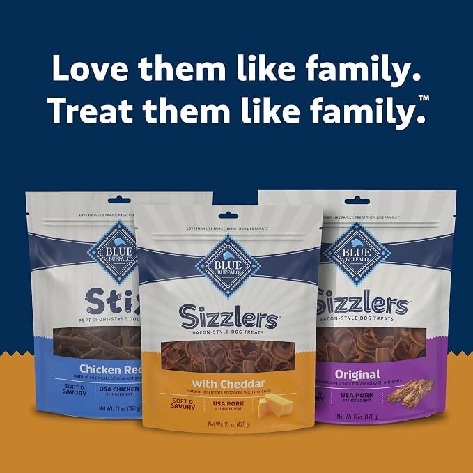 Blue Buffalo Sizzlers Pork & Cheddar Bacon-Style Dog Treats, 15 oz | Real USA Pork First, Real Cheddar Cheese, Soft-Moist Texture, No Chicken By-Product, Corn, Wheat, or Soy