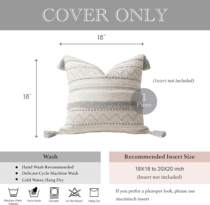 18X18 Throw Pillow Cover, Cream Neutral Square Decorative Cushion Cover with Gray Pattern, Boho Accent Pillowcase with Tufted Details and Tassels for Couch Sofa Living Room (Cover Only)