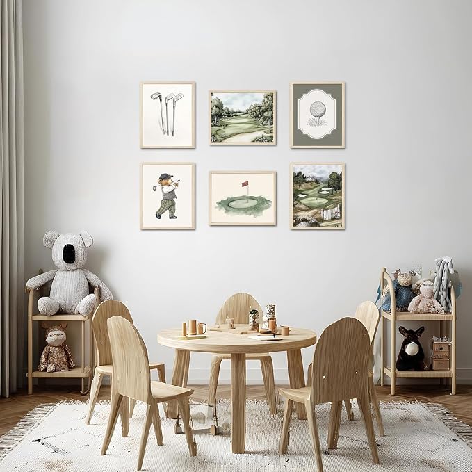 Mynotix Golf Nursery Canvas Poster Set of 6, Vintage Baby Boy Golf Sport Wall Art Teddy Bear Sage Green Kids Wall Decor Print for Living Room Bedroom Children's Room Unframed 12x16 inch