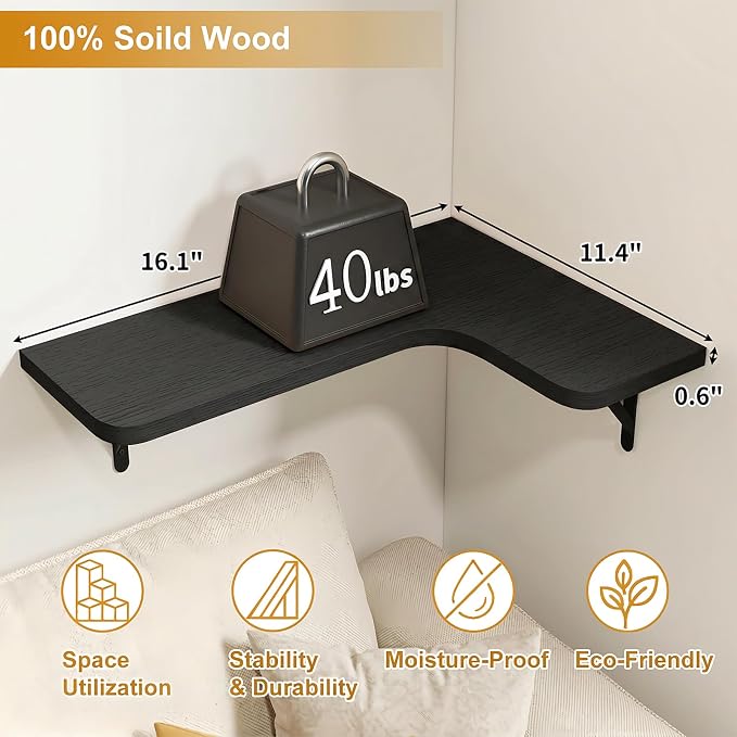 Fixwal Conner Shelves Wall Mounted for Decor, Black Set of 5 | Solid wood shelf with metal brackets, holds 40 lbs. Optimizes corner storage. Fits bathroom, kitchen, bedroom & living room.