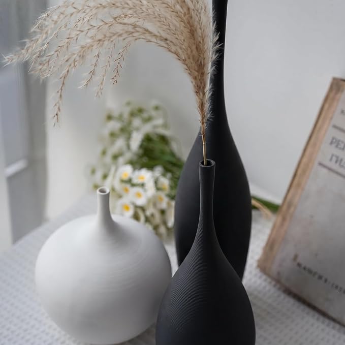Relexome Black and White Ceramic Vase Modern Wabi-Sabi Flower Vase Set of 3 Decorative Aesthetic Vases for Centerpieces Matte Minimalist Vases for Living Room Table Shelf Home Decor Gift
