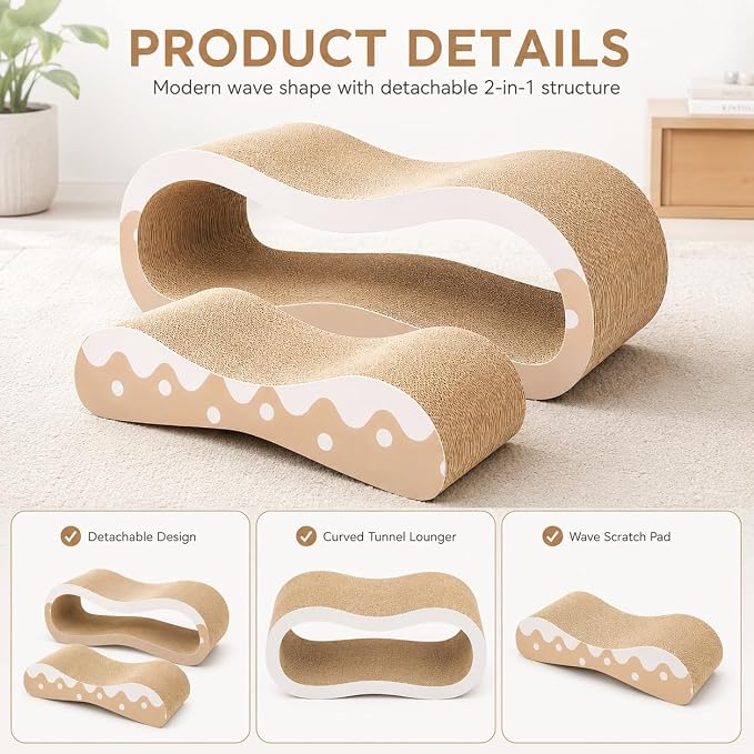 Simple Delxue 2 in 1 Cat Scratcher Cardboard Lounge Bed, Cat Scratching Post, Durable Board Pads Prevents Furniture Damage,Large,Wave