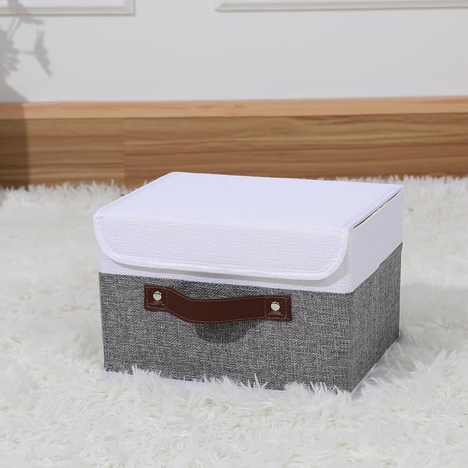 ANMINY Fabric Storage Box Bins with Lids, Gray White, 10"x8"x7" | Keepsake Memory Storage, Cotton Linen, PP Board Reinforced, Washable, PU Handles, Foldable & Stackable, Decorative, Small