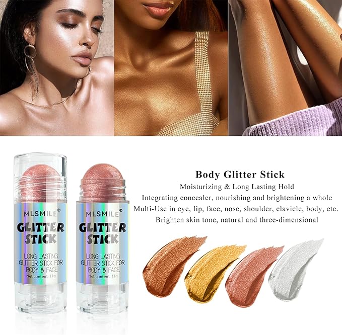 Rose Pink Body Glitter Stick, Multi-Use Highlighter Makeup, Long Lasting Glitter Stick for Body & Face Eyes Lip, Glitter Sparkling Mermaid Sequins for Women, Great for Daily, Festival, Party