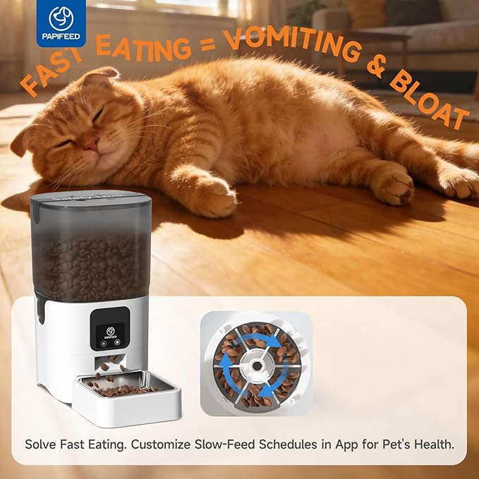 PAPIFEED Automatic Cat Feeder with App, 5G WiFi Cat Food Dispenser, 6L Timed Cat Feeder for Dry Food, 10 Meals/Day, 12 Portions/Meal, Dual Power Supply Smart Pet Feeder for Small Dog, White