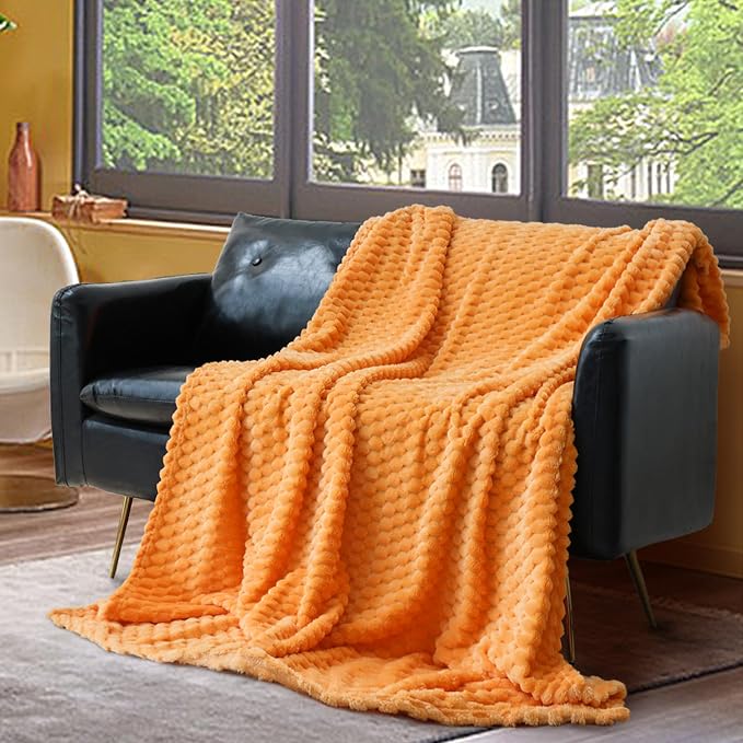 Vessia Flannel Fleece Throw Blanket, 3D Jacquard Light Orange Fuzzy and Warm Blanket for Couch,Sofa,Bed,Chair, 300GSM Soft Touch Cozy Throw for All-Season Home Decor(50x40inch)