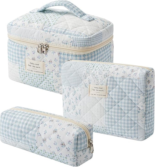 uekeboag Large Travel Quilted Makeup Bag for Women, Floral Cotton Cosmetic Bag, Coquette Aesthetic Floral Toiletry Organizer Bag