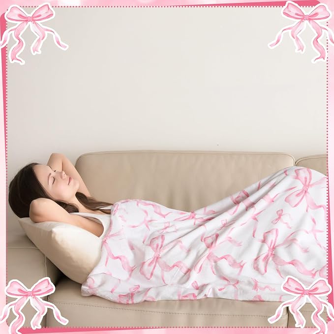 Pink Bow Throw Blanket 50"x60" Soft Flannel for Girls Women | Coquette Aesthetic Decor with Ruffled Edges, Ultra Plush Bed Sofa Blanket, Preppy Gift for Teens, Back to School Dorm Room