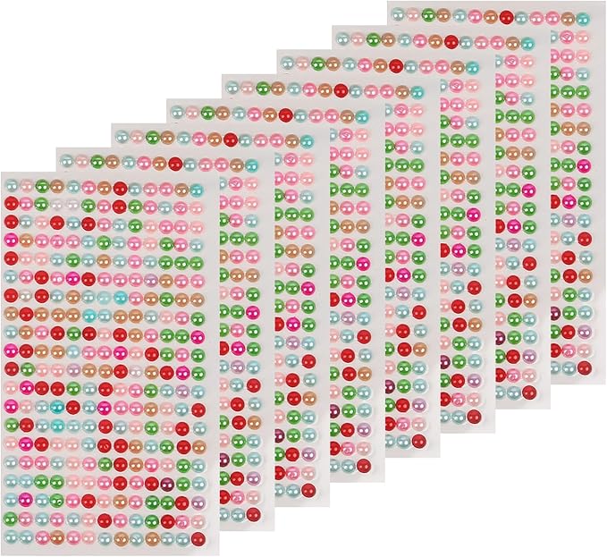 8 Sheets Rhinestone Stickers，3584 Pcs Gem Stickers for DIY Face Eyes Makeup Hair（Colored Pearl-3/4/5/6mm）