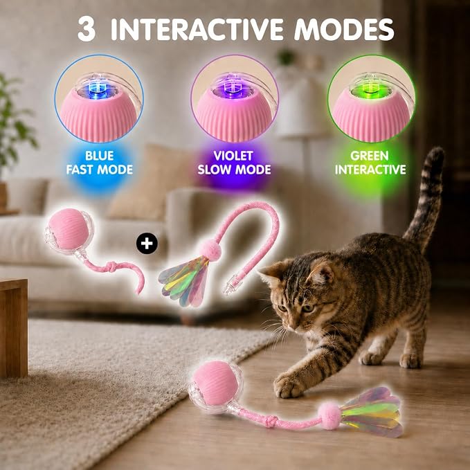 Durable Interactive Cat Toys for Indoor Cats, Smart Automatic Cat Chase Ball Toy, Upgraded Speedy Tail Kitten Toy for Bored Indoor Adult Pets (Pink, 01)