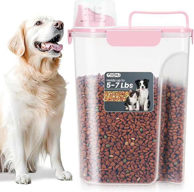 Dog Cat Food Storage Container with Cup (Pink, 5L)