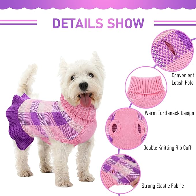Dog Sweater Dress Plaid Knitwear for Small Medium Dogs Warm Puppy Pet Turtleneck Stretch Pullover Cute Fall Winter Vest Clothes with Leash Hole for Christmas (Purple, XL)