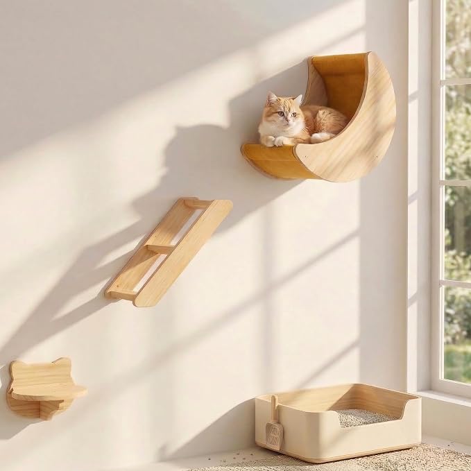 Cat Wall Shelves Set,Solid Wood Moon Bed,Perch & Stair for Climb and Rest | 3-in-1 Wall-Mounted Cat Furniture;16-Inch Stud Wall;Hold Up to 40 lb;Wall & Corner Setup;Vertical Territory & Active Exercise