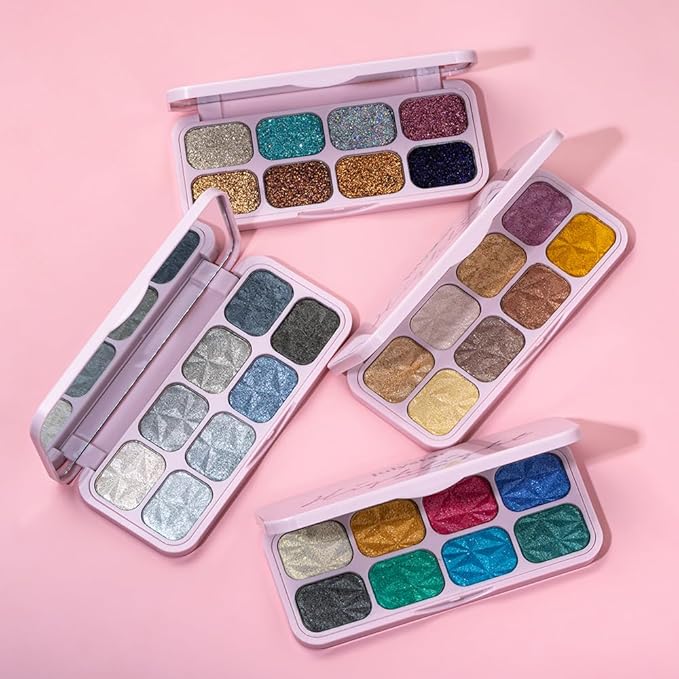 8-Color Glitter Eyeshadow Palette, Rainbow Gem Sparkle, Vibrant Multicolor Shimmer Shades, Waterproof Long-Lasting Formula, Smooth Pigmented Eye Makeup for Creative Looks
