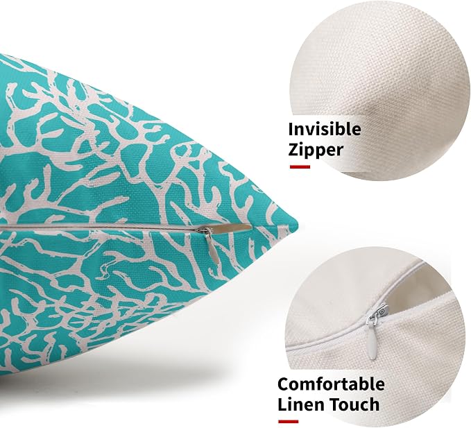 Nautical Coastal Coral Lumbar Pillow Covers 12x20 Inch Set of 2 Summer Ocean Beach Aqua Teal Decorative Pillow Cases Outdoor Linen Cushion Cover Farmhouse Decor for Bedroom Home Sofa Couch Bed
