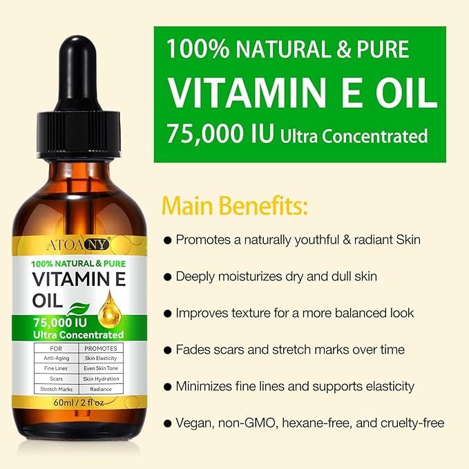 2 Pack Vitamin E Oil, Vitamin E Oil Blend 75,000 IU for Plump Skin, Reduce Fine Lines & Scars, Moisturizing Skin, for Skin, Scars, Face & Full Body