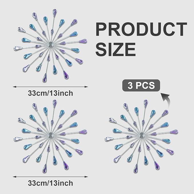 ZEXUIRU 3 Set Silver Starburst Wall Art for Home Decor Metal Bling Crystal Rhinestones Sunburst Wall Decor Sparkling Rhinestone Art Accent Silver - 13in