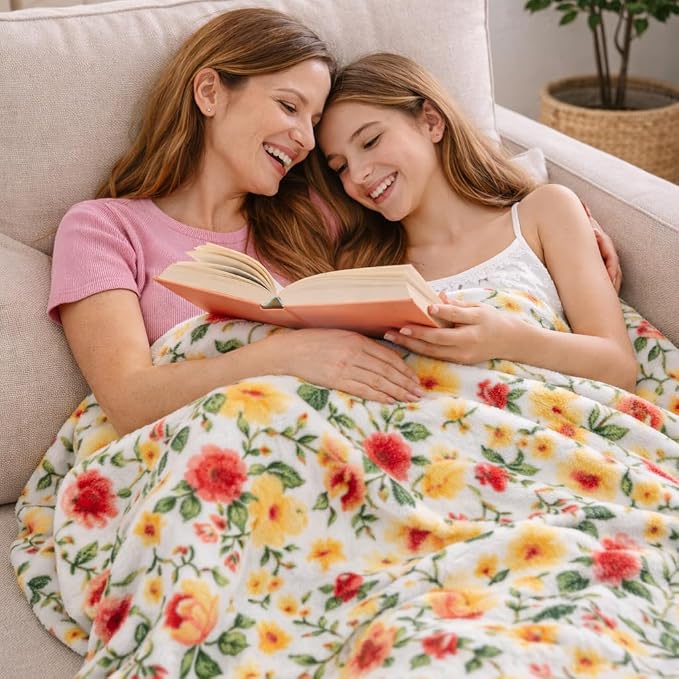 Spring Velvet Fleece Floral Throw Blanket: Golden Meadow of Pink Yellow Green Flowers on a Colorful Soft Cozy White Design, Oversized 50" x 70"